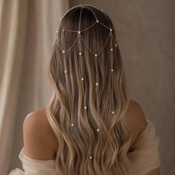 Pearl Chain Hair Headpiece, Silver Bridal Hair Jewelry, Draped Goddess Accessory