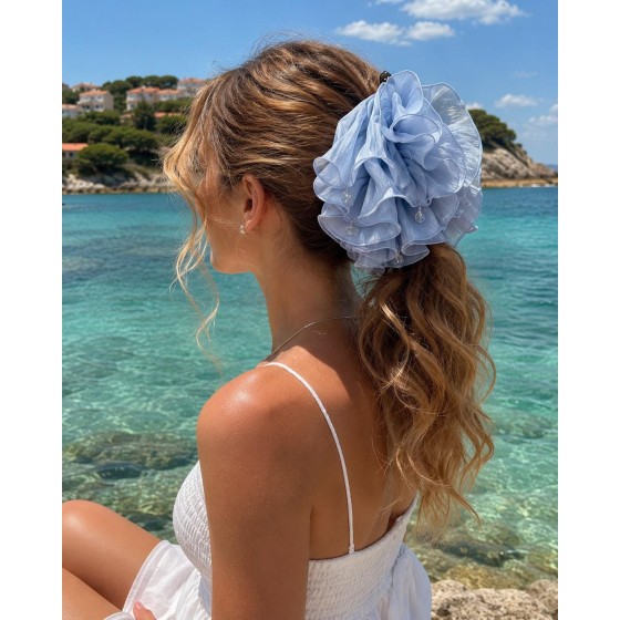 Oversized Ruffle Bow Hair Clip, Pearl Accent, French Style Claw Accessory