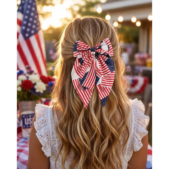 Patriotic Long Tail Hair Bow Clip, American Flag Stars, Red White Blue Hair Accessory